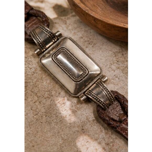 Vintage Olga Santini Brown Leather Statement Belt Silver Western Buckle M